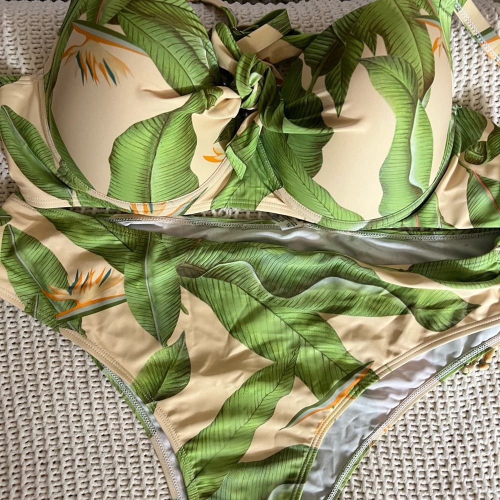 SHEIN Bathing Suit Size 4XL Beige with Green Leaf Print